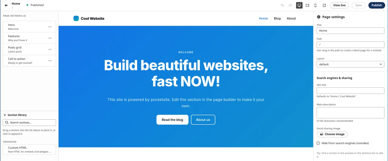 The pocketsite drag-and-drop page builder